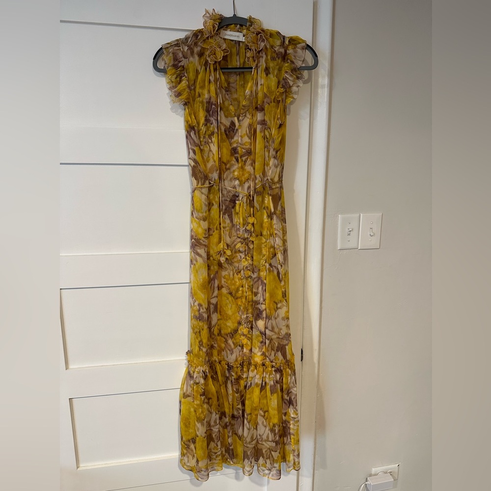 Zimmermann High Tide Flutter Dress, Size 0, color yellow Ikat Floral, midi
